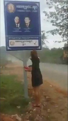 宋淑卡用鞋子丢向韩桑林和主席洪森的肖像。