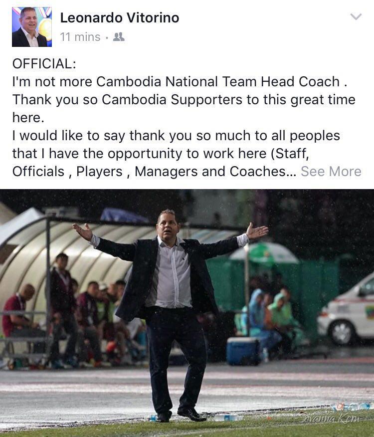 柬埔寨足球队主教练维托里努宣佈辞职。（图：柬埔寨星洲日报）