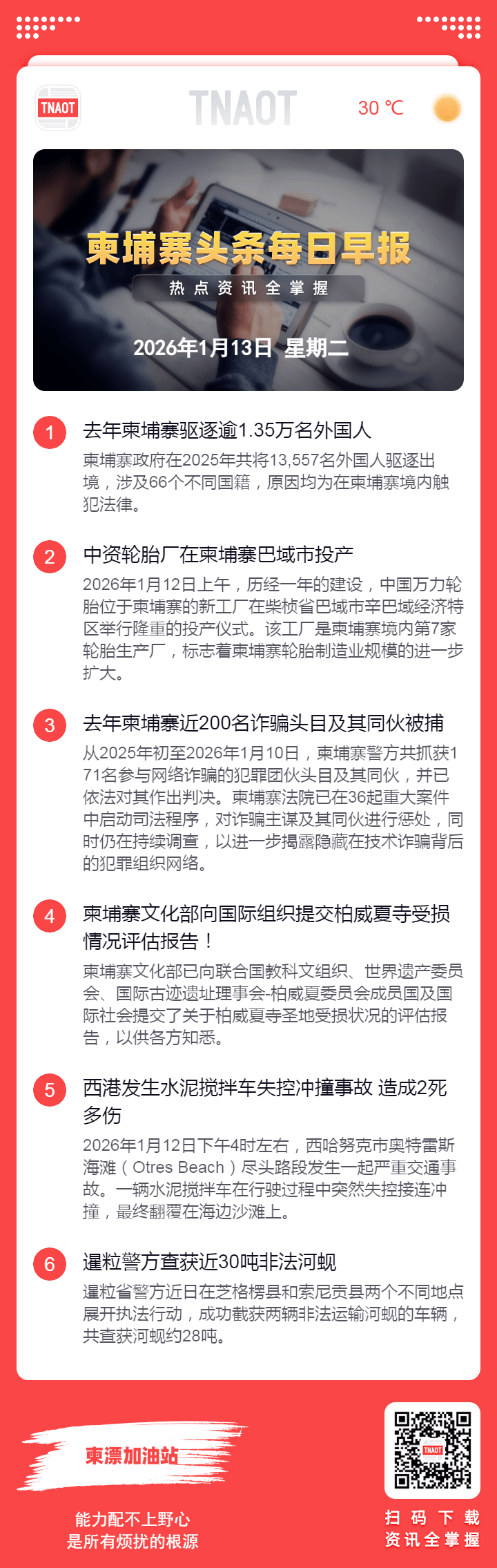 1月13日柬埔寨头条早报：去年柬埔寨驱逐逾1.35万名外国人