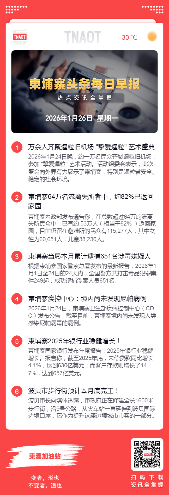 1月26日柬埔寨头条早报 |万余人齐聚暹粒旧机场“挚爱暹粒”艺术盛典 ...